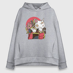 Толстовка оверсайз женская Котик Самурай Samurai Cat Japanese art, цвет: меланж