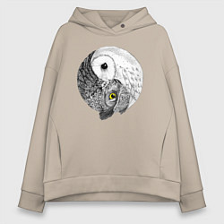 Толстовка оверсайз женская Инь Янь по совиному, цвет: миндальный