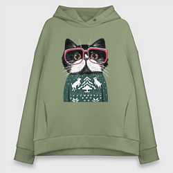 Толстовка оверсайз женская Умный кот в очках в новогоднем свитере, цвет: авокадо