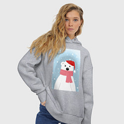 Толстовка оверсайз женская Мультяшный белый медведь в красной шапке с шарфом, цвет: меланж — фото 2