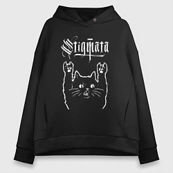 Толстовка оверсайз женская Stigmata рок кот, цвет: черный