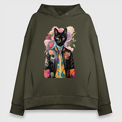 Толстовка оверсайз женская Чёрный кот модник - нейросеть, цвет: хаки
