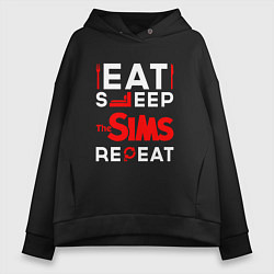 Толстовка оверсайз женская Надпись eat sleep The Sims repeat, цвет: черный