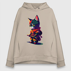 Толстовка оверсайз женская Котёнок самурай - нейросеть, цвет: миндальный