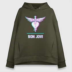 Толстовка оверсайз женская Bon Jovi glitch rock, цвет: хаки