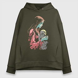 Толстовка оверсайз женская Кукла колдуна с черепом, цвет: хаки