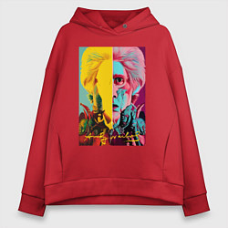 Толстовка оверсайз женская Andy Warhol - self-portrait - neural network, цвет: красный