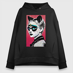 Толстовка оверсайз женская Cat girl in a mask - neural network - pop art, цвет: черный