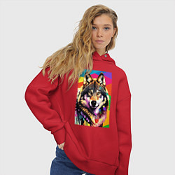 Толстовка оверсайз женская Красочный волк - поп-арт - нейросеть, цвет: красный — фото 2
