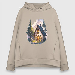 Женское худи оверсайз Сказочный домик в лесу в горах