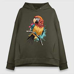 Толстовка оверсайз женская Акварельный попугай, цвет: хаки