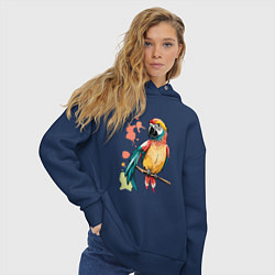Толстовка оверсайз женская Попугай в брызгах краски, цвет: тёмно-синий — фото 2
