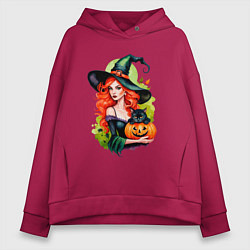 Женское худи оверсайз Рыжая ведьма с тыквой и черным котом