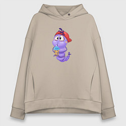 Женское худи оверсайз Червяк в кепке пьет сок из стакана