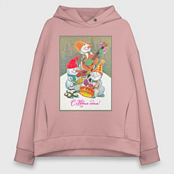 Толстовка оверсайз женская Снеговики музыканты, цвет: пыльно-розовый