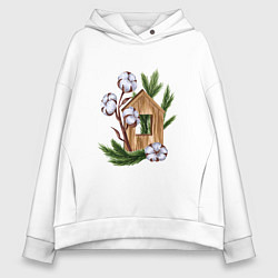 Толстовка оверсайз женская Деревянный домик с хлопком и еловыми ветками, цвет: белый