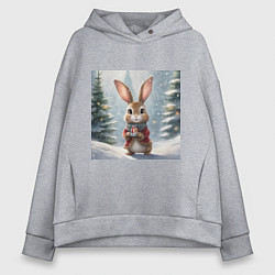 Женское худи оверсайз Новогодний зайчик с подарком в зимнем лесу