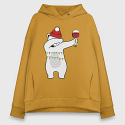 Женское худи оверсайз Новогодний мишка с бокалом вина