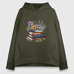 Толстовка оверсайз женская Стопка книг с полевыми цветами, цвет: хаки