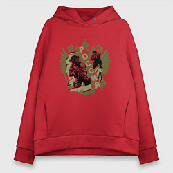 Женское худи оверсайз Герб России и воины на оливковом фоне