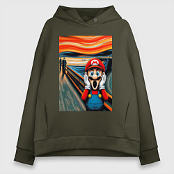 Толстовка оверсайз женская Марио кричит - мем нейросеть, цвет: хаки