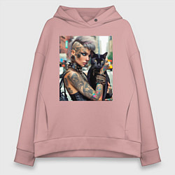 Женское худи оверсайз Девчонка панк в татухах с чёрным котом - нейросеть
