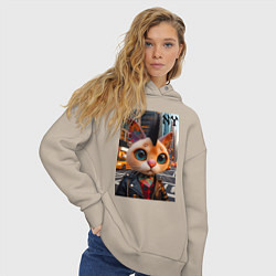 Толстовка оверсайз женская Глазастый котёнок панк из Нью-Йорка - нейросеть, цвет: миндальный — фото 2