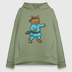 Толстовка оверсайз женская Кот каратист, цвет: авокадо