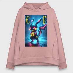 Толстовка оверсайз женская Cyber Pikachu - neon glow ai art, цвет: пыльно-розовый