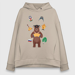 Женское худи оверсайз Медведь с балалайкой в ушанке и матрёшка