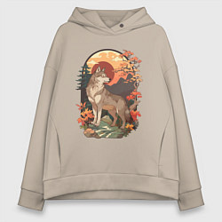 Женское худи оверсайз Волк в лесу в японском стиле