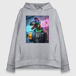 Женское худи оверсайз Dinosaur dude with a beer mug wearing headphones a