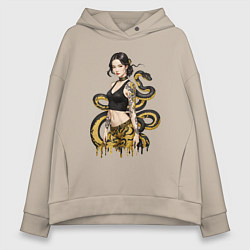 Женское худи оверсайз Женщина и чёрно-жёлтая змея за её спиной
