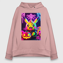 Женское худи оверсайз Зомби Пикачу с тыквой - неоновое свечение
