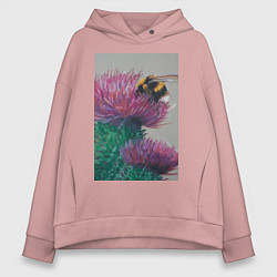 Женское худи оверсайз Мохнатый шмель на кактусе - живопись