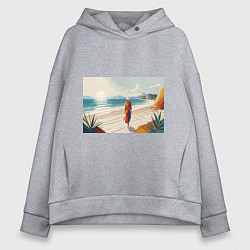 Женское худи оверсайз Летний пейзаж с женщиной на пляже