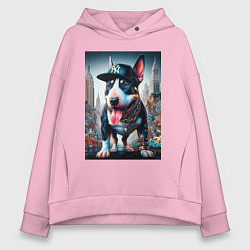 Толстовка оверсайз женская Funny bull terrier in New York - ai art, цвет: светло-розовый