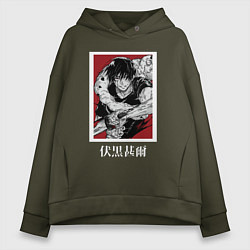 Толстовка оверсайз женская Магическая битва Тоджи красный фон, цвет: хаки