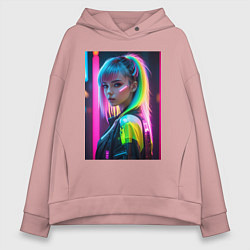 Женское худи оверсайз Киберпанк девушка с зеленым хвостом