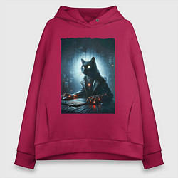 Женское худи оверсайз Кибер кот за компьютером - неоновое свечение