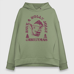 Толстовка оверсайз женская Свинья в новогодней шапке, цвет: авокадо