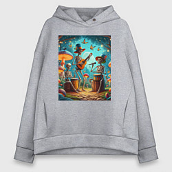 Женское худи оверсайз Трио скелетов музицируют на грибной поляне