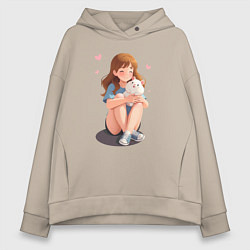 Женское худи оверсайз Белый хомяк и счастливая девушка