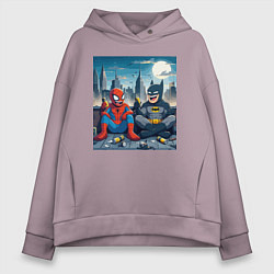 Женское худи оверсайз Человек паук и Бэтмен пьют пиво на крыше небоскрёб