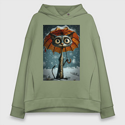 Женское худи оверсайз Уличный кот под мокром снегом