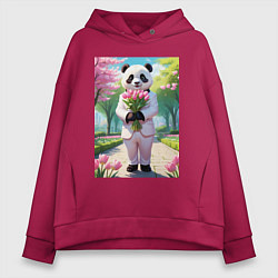 Женское худи оверсайз Панда с букетом тюльпанов