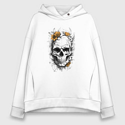 Толстовка оверсайз женская Череп с желтыми цветами, цвет: белый