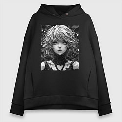Женское худи оверсайз Аниме портрет девушки в черно-белом цвете