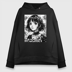 Женское худи оверсайз Аниме девушка портрет черно-белый