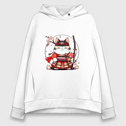 Толстовка оверсайз женская Кот самурай на фоне луны, цвет: белый